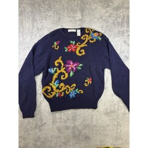 VTG Liz Claiborne Women's Sweater Floral‎ Navy Blue Silk Blend Medium 0729